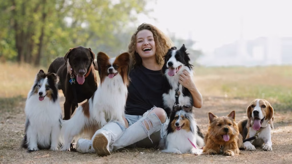 lachende_hundehalterin_mit_ihren_vierbeinern